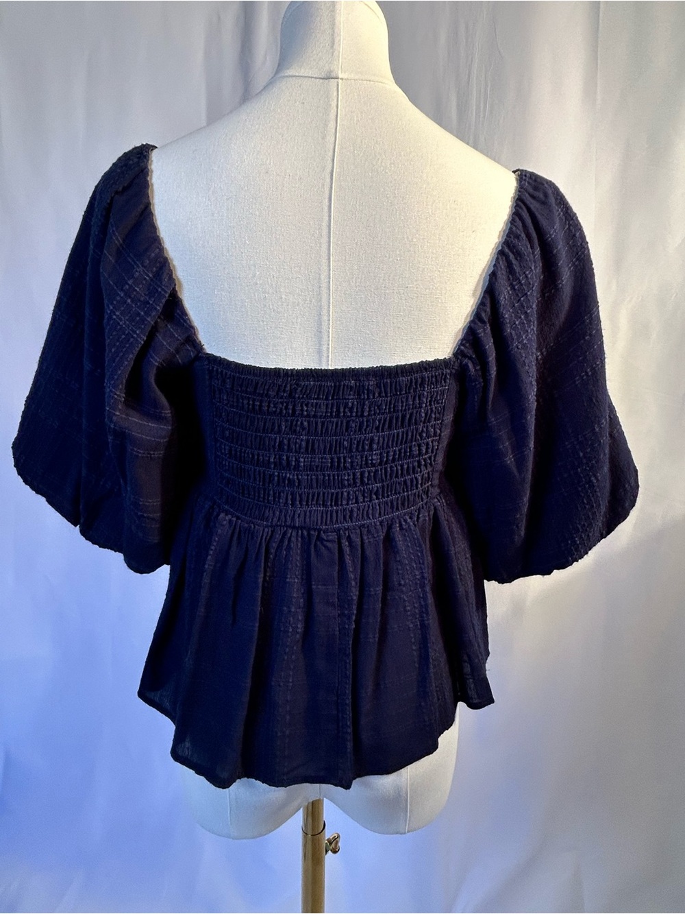 Trixxi Navy Square-Neck Peplum Top with Puff Sleeves Coquette Cottagecore Boho - Picture 4 of 7